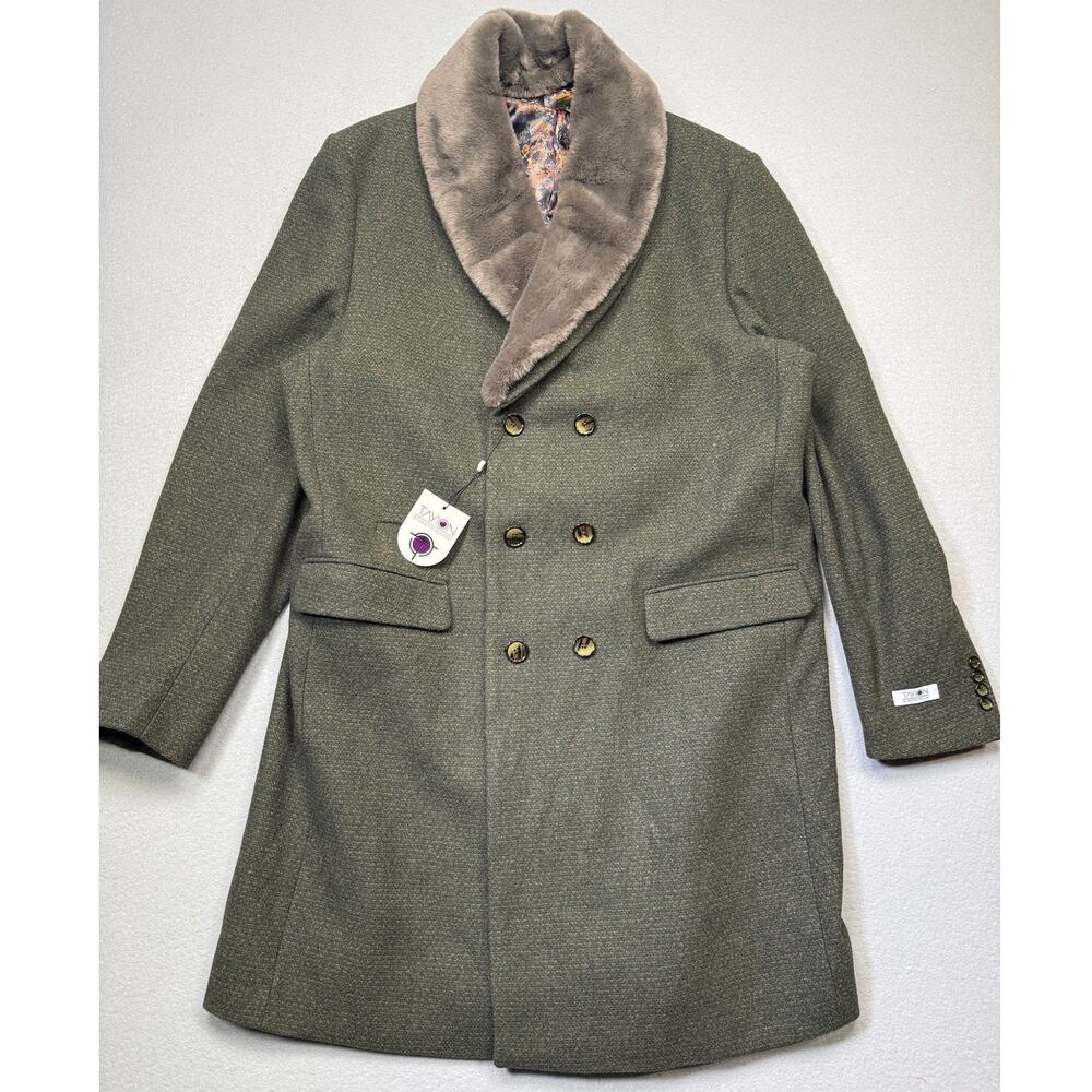 Tayion Men's Classic-Fit Double-Breasted Wool Blend Overcoats Olive 48L $495